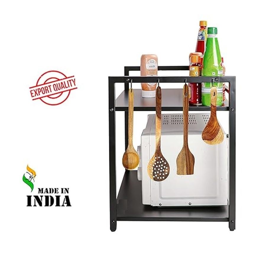 GREEN TOUCH  Premium Two-Shelf Oven Stand with 8 Hooks: Stylish, Sturdy, and Space-Saving Kitchen Organizer with 360 Wheels and Powder-Coated Finish
