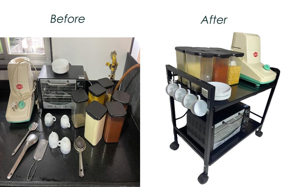 Green Touch  Premium Two-Shelf Oven Stand with 8 Hooks: Stylish, Sturdy, and Space-Saving Kitchen Organizer with 360 Wheels and Powder-Coated Finish
