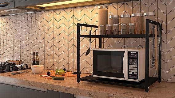 GREEN TOUCH  Premium Two-Shelf Oven Stand with 8 Hooks: Stylish, Sturdy, and Space-Saving Kitchen Organizer with 360 Wheels and Powder-Coated Finish