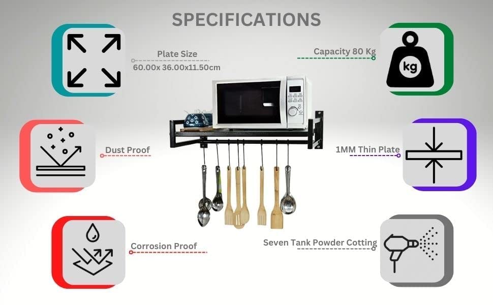 GREEN TOUCH Multipurpose Wall Mounted 4 Hook Decorative and Kitchen Organize Stororage/Microwave Oven Stand for Kitchen,Oven Holder Rack,