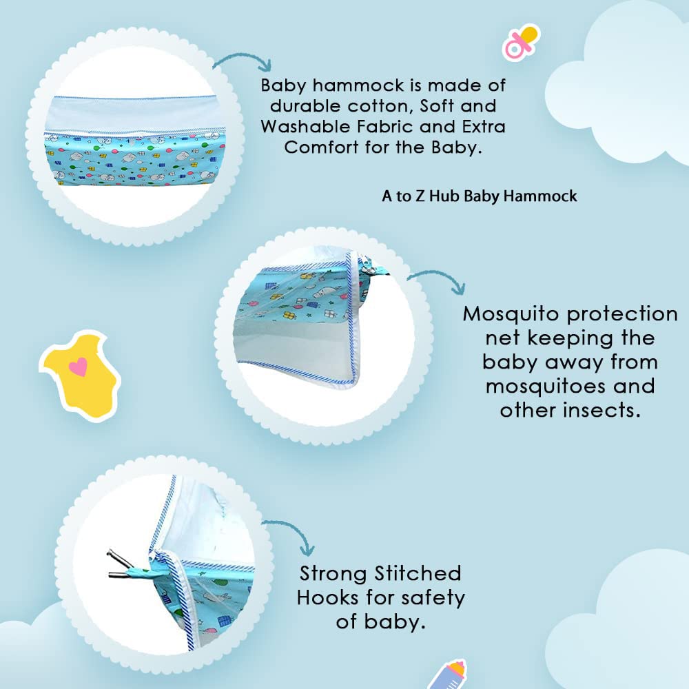 Green Touch  Baby Hammock Ghodiyu/Khoyu Soft Cotton Cloth Swing Cradle Safety with Mosquito Net Cover with Zippe (Blue)