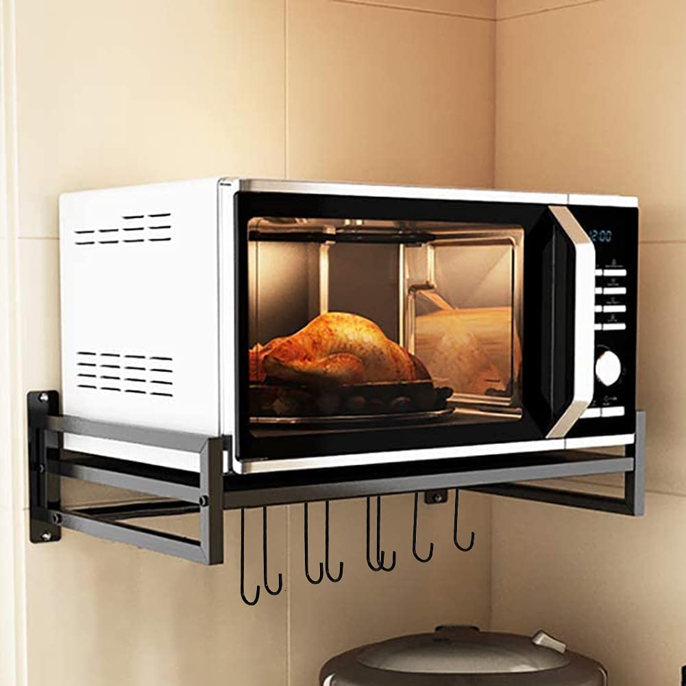 Green Touch  Wall Mount Microwave Oven Rack - Metal Holder Storage Stand - Cooker Utensils Dish Shelf Organizer with Hooks for Home & Kitchen Appliances