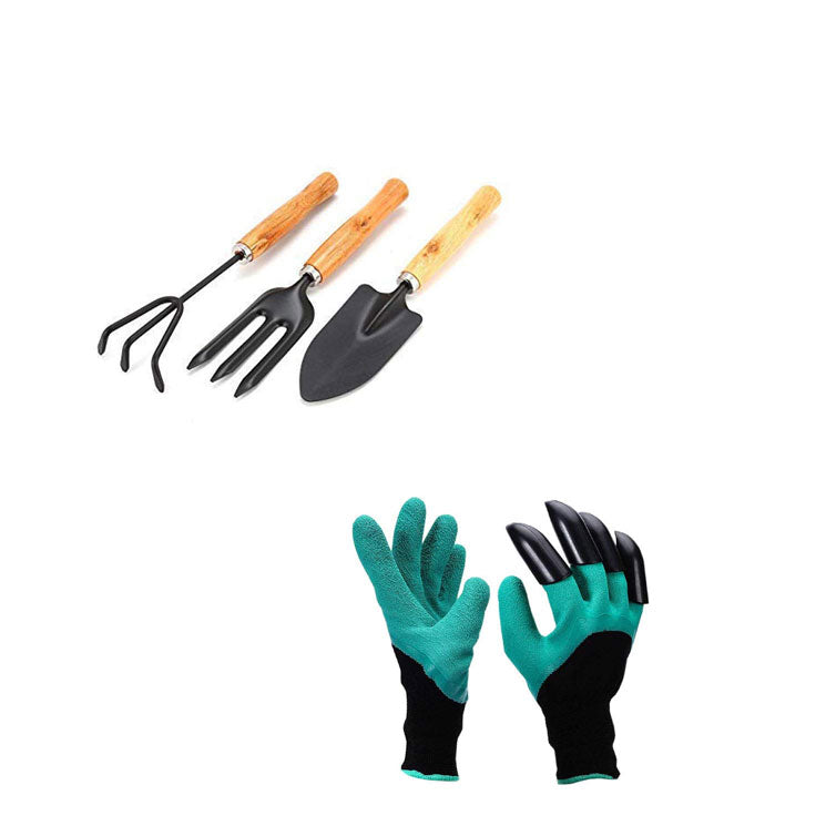 Green Touch 3 Pcs Mini Garden Tool Set Gardening Shovels, Spade, Rale with Wooden Handles with Hand Gloves