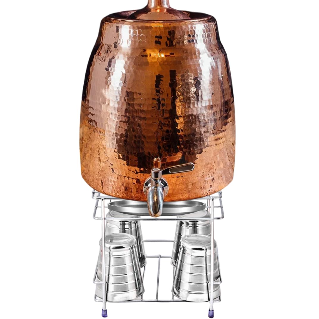 Hammered Copper Water Dispenser with Stand and Stainless Steel Cups