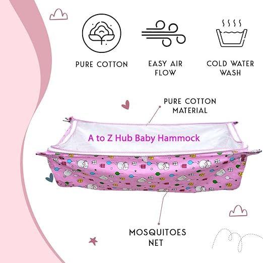 Green Touch  Baby Hammock Ghodiyu/Khoyu Soft Cotton Cloth Swing Cradle Safety with Mosquito Net Cover with Zippe (Pink)