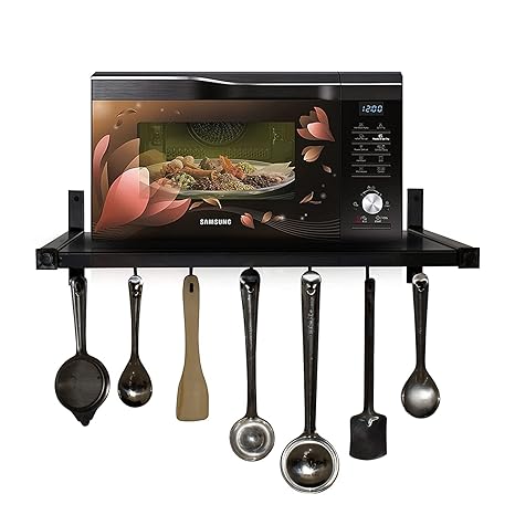 Green Touch Multipurpose Wall Mount Microwave Oven Rack - Metal Holder Storage Stand - Cooker Utensils Dish Shelf Organizer with Hooks for Home & Kitchen Appliances
