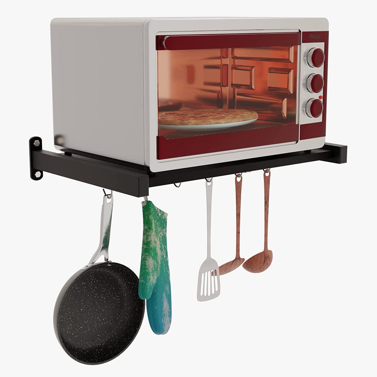 Green Touch Multipurpose Wall Mount Microwave Oven Rack - Metal Holder Storage Stand - Cooker Utensils Dish Shelf Organizer with Hooks for Home & Kitchen Appliances