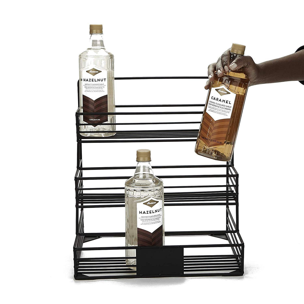 Green Touch 2 In 1 Counter Top And Wall-Mounted 3-Tier Bottle Rack for Spice, Syrup, Water, Wine, and More – Ideal for Kitchen, Office, Restaurant, and Hospital Featuring a Cup Stand 10 Adjustable Hooks