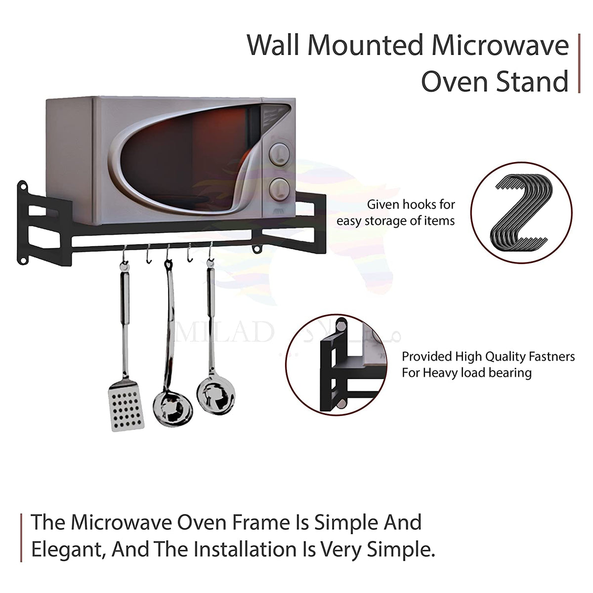 Green Touch  Wall Mount Microwave Oven Rack - Metal Holder Storage Stand - Cooker Utensils Dish Shelf Organizer with Hooks for Home & Kitchen Appliances