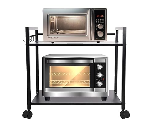 Green Touch  Premium Two-Shelf Oven Stand with 8 Hooks: Stylish, Sturdy, and Space-Saving Kitchen Organizer with 360 Wheels and Powder-Coated Finish