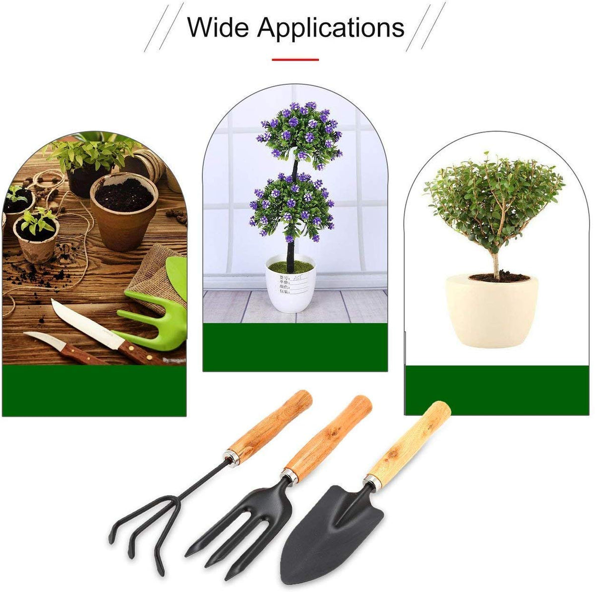 Green Touch 3 Pcs Mini Garden Tool Set Gardening Shovels, Spade, Rale with Wooden Handles with Hand Gloves