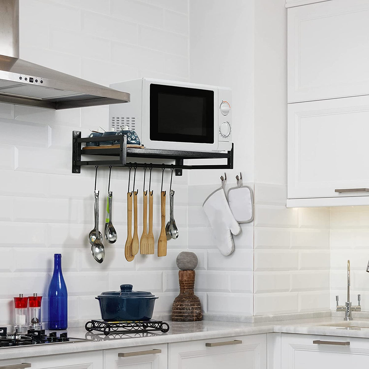 Green Touch  Wall Mount Microwave Oven Rack - Metal Holder Storage Stand - Cooker Utensils Dish Shelf Organizer with Hooks for Home & Kitchen Appliances