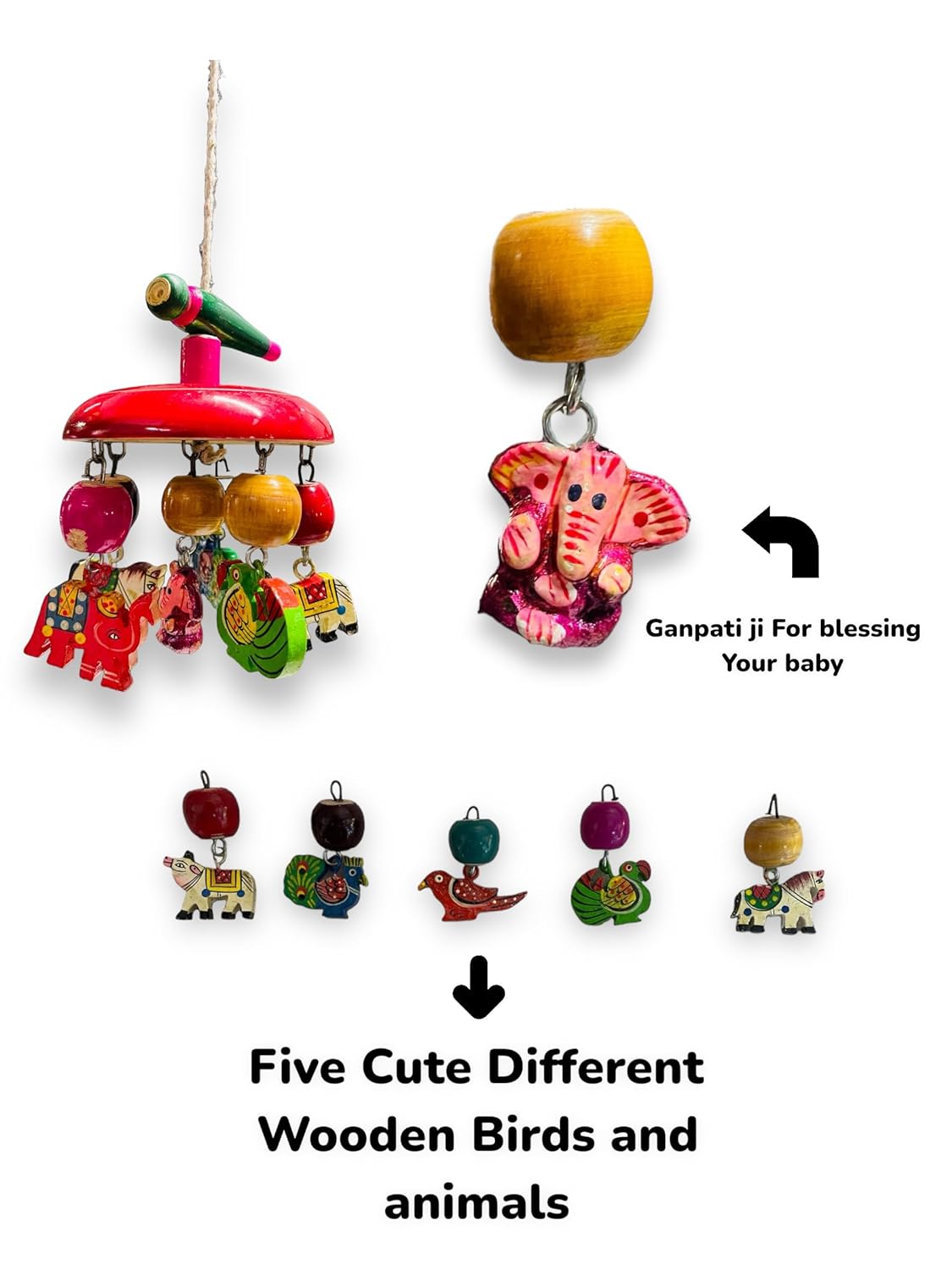Green Touch  Wooden Hanging Toys for New Born Baby Rattle Crinkle Squeaky Toy Car Seat Stroller Toys Cradle/jhula/parna/Swing Hanging Toy for Infant Babies Boys and Girls (Pattern 3)