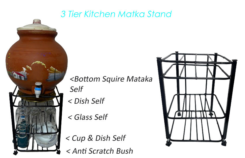 Metal Gt 3-Tier Water Mataka Pot Stand Rack: Cup, Glass, Dish With Adjustable Bush
