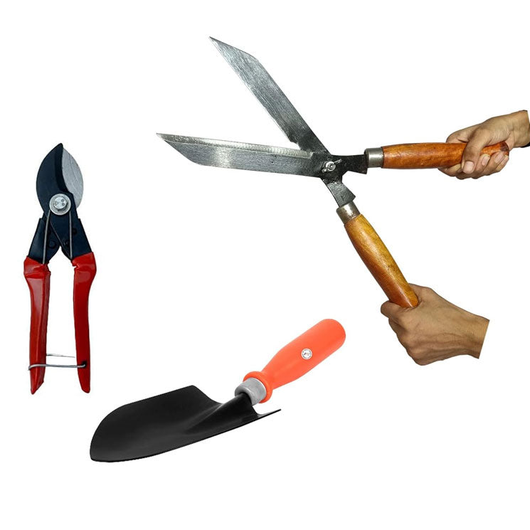 Green Touch  Pack of 3, Garden Lawn Cutter, Trowel Digging Toool And Double Roll Cutter, Premium Heavy Dute Garden Grass Cutter with Wooden Handle,Hedge Shear,Lawn Cutter,Garden Pruner,Kassi,Tree Cutter,Gardening tool for cutting, (Double cut and Trowel)