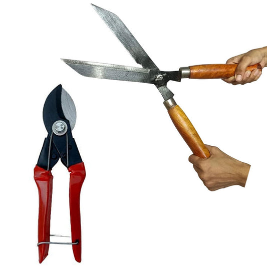Green Touch Pack of 2 Premium Hedge Shear and Double Cut, Heavy Dute Garden Grass Cutter with Wooden Handle,Hedge Shear,Lawn Cutter,Garden Pruner,Kassi,Tree Cutter,Gardening tool for cutting, (Double Cut)