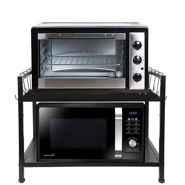 GREEN TOUCH  Premium Two-Shelf Oven Stand with 8 Hooks: Stylish, Sturdy, and Space-Saving Kitchen Organizer with 360 Wheels and Powder-Coated Finish
