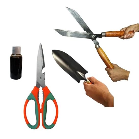 Green Touch  Pack of 4 Useful Gardening Tools and Scissor Combo with Oil (Oil is Useful for Rust Free Scissor) for Home Gardening Purpose,Tree Cutting Tool,Lawn Cutter Tool,Hedge Shear,throwel,Oil
