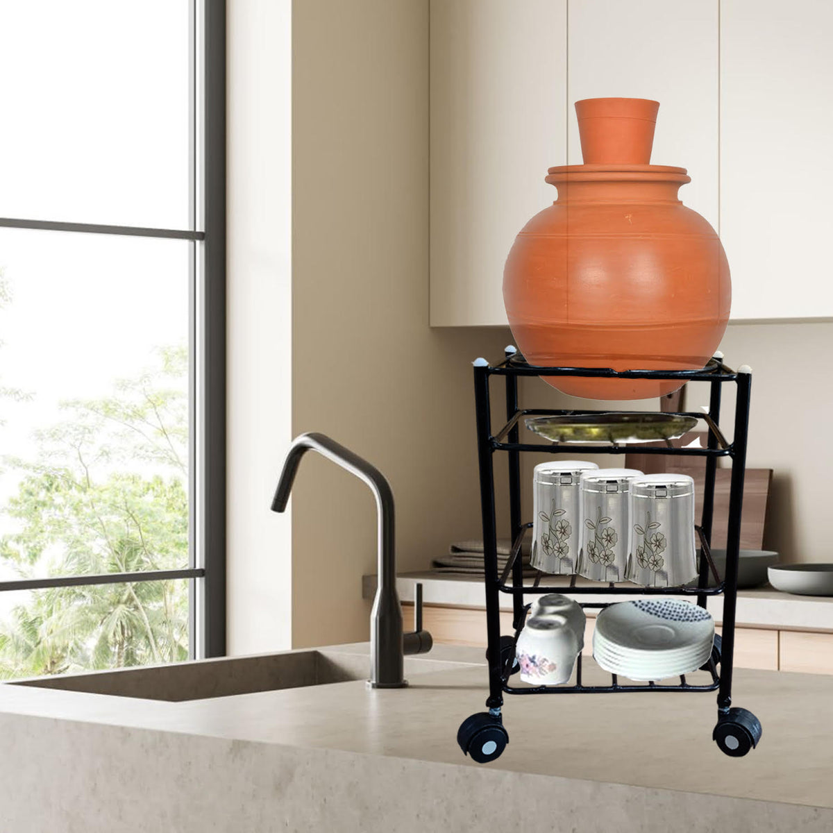 Heavy-Duty Multipurpose Matka Stand with Wheels,Matka stand for water pot Iron Kitchen Trolley  (Pre-assembled)