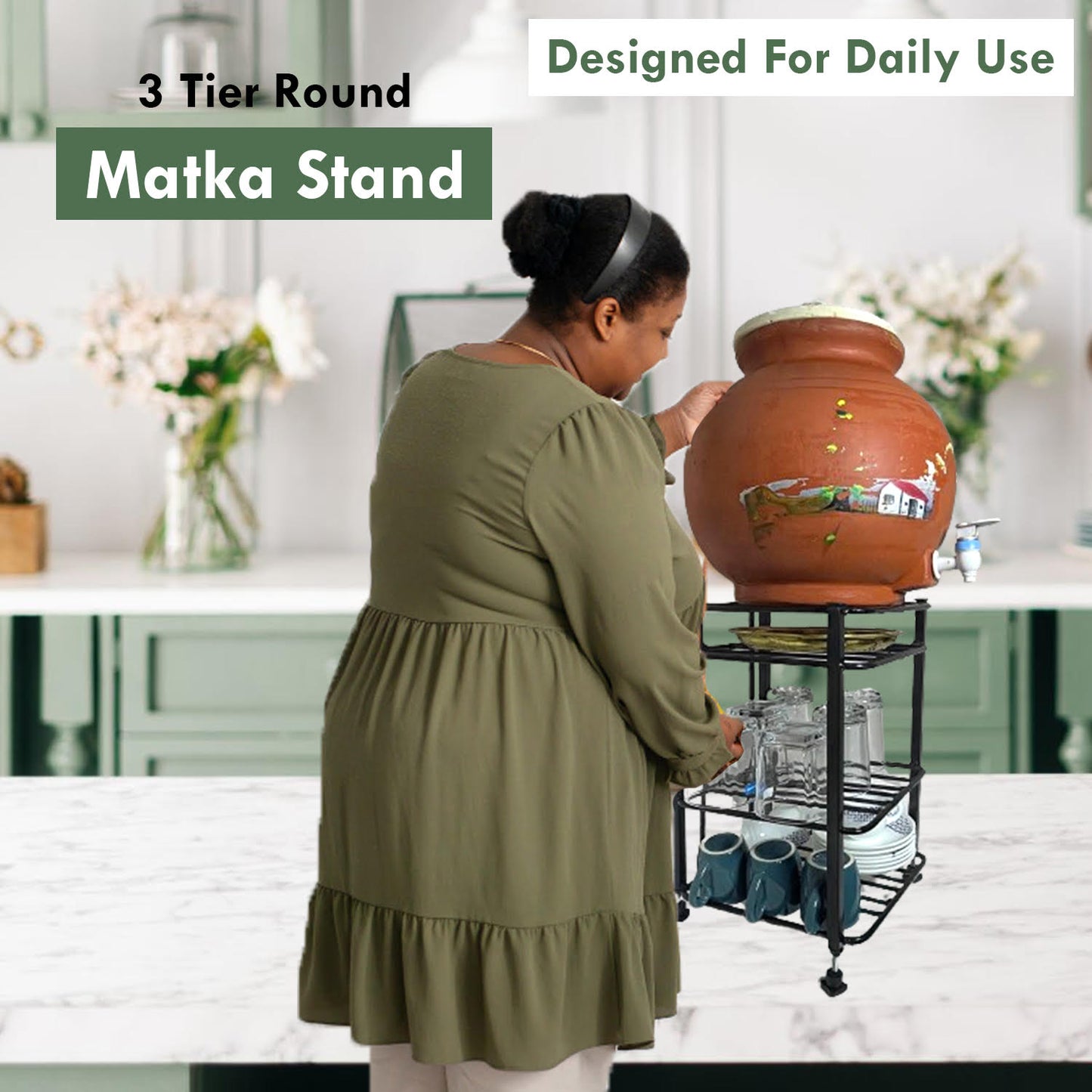 Metal Gt 3-Tier Water Mataka Pot Stand Rack: Cup, Glass, Dish With Adjustable Bush