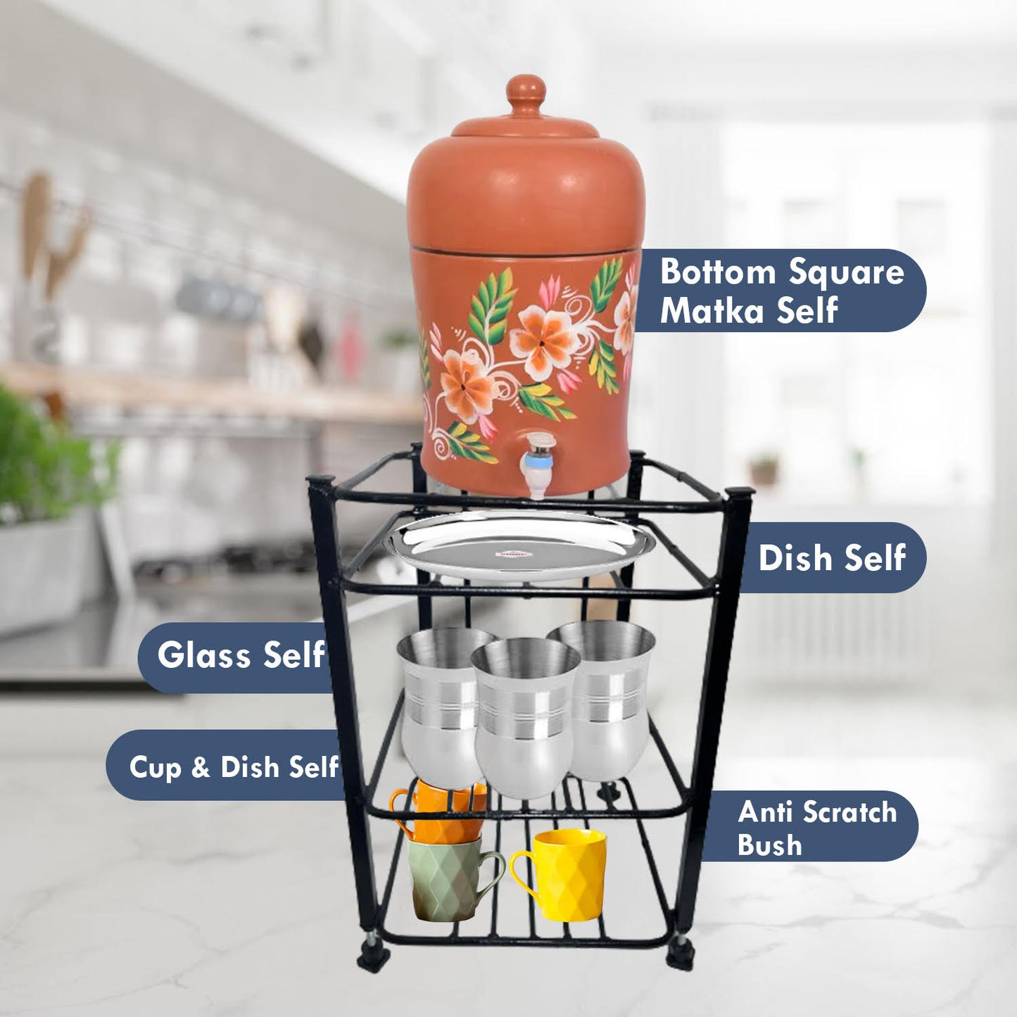 Metal Gt 3-Tier Water Mataka Pot Stand Rack: Cup, Glass, Dish With Adjustable Bush