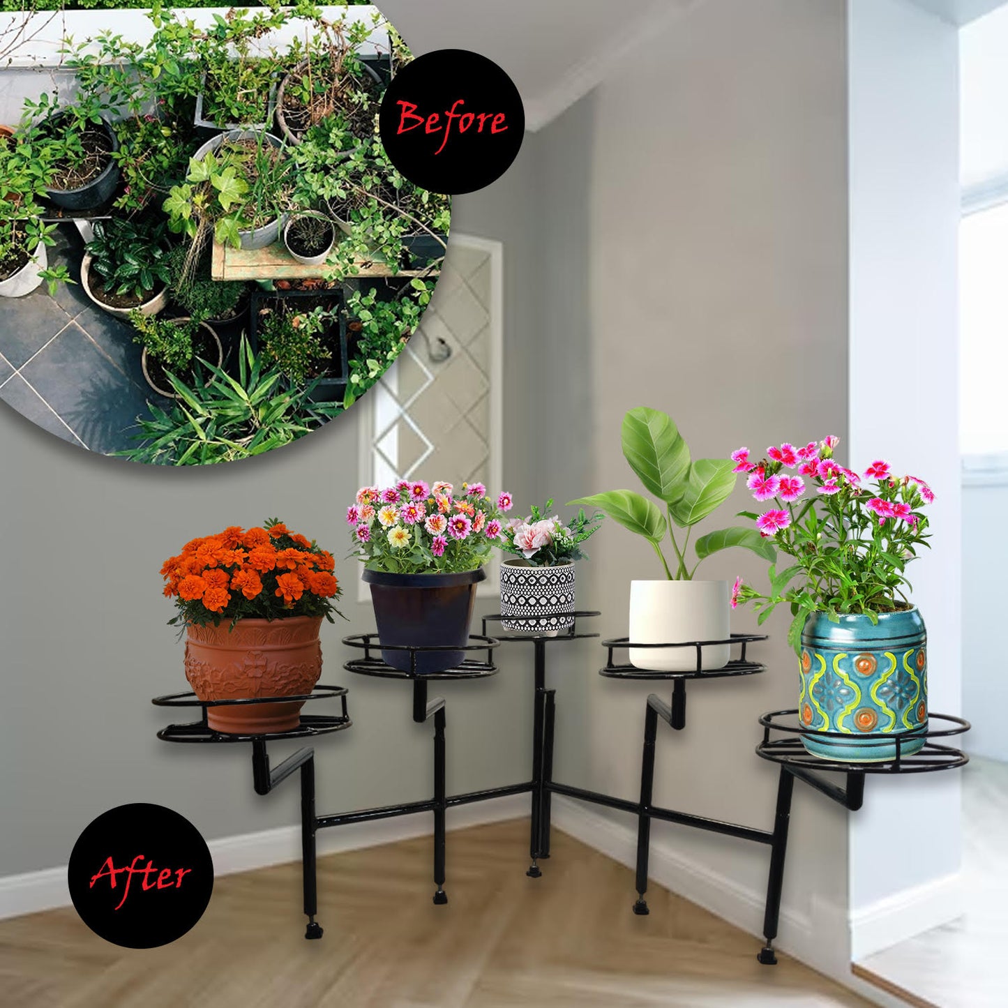 Adjustable Drone-Style Plant Stand – Innovative 5-in-1 Movable Shelf Design for Indoor & Outdoor Use (Corner & Free-Standing)